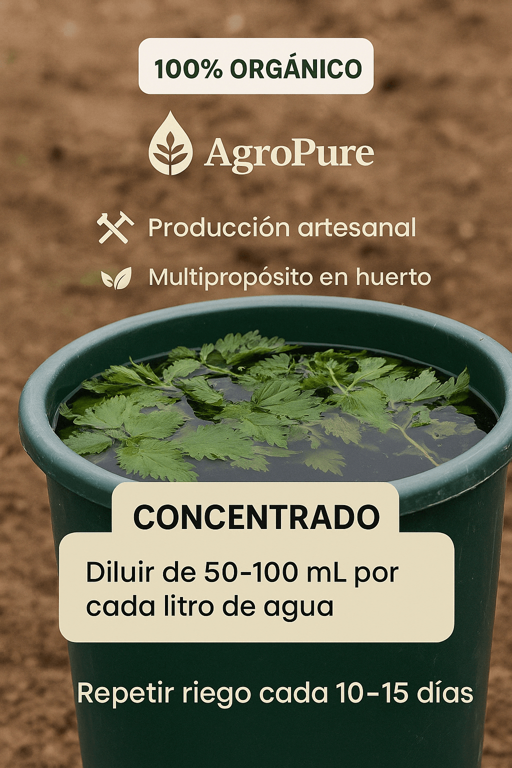 Extracto de Ortiga AgroPure en agua, orgánico, artesanal y concentrado para cultivos ecológicos.