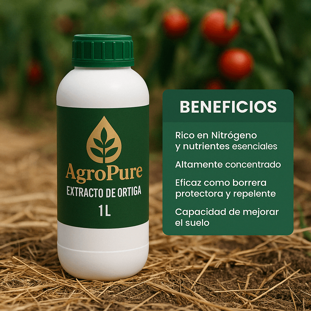 Envase de 1L de AgroPure Extracto de Ortiga, rico en nutrientes para cultivos ecológicos y mejorar el suelo.