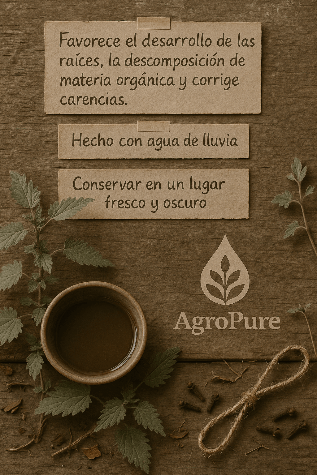 Extracto de Ortiga AgroPure: promueve raíces fuertes y mejora cultivos ecológicos, hecho con agua de lluvia.
