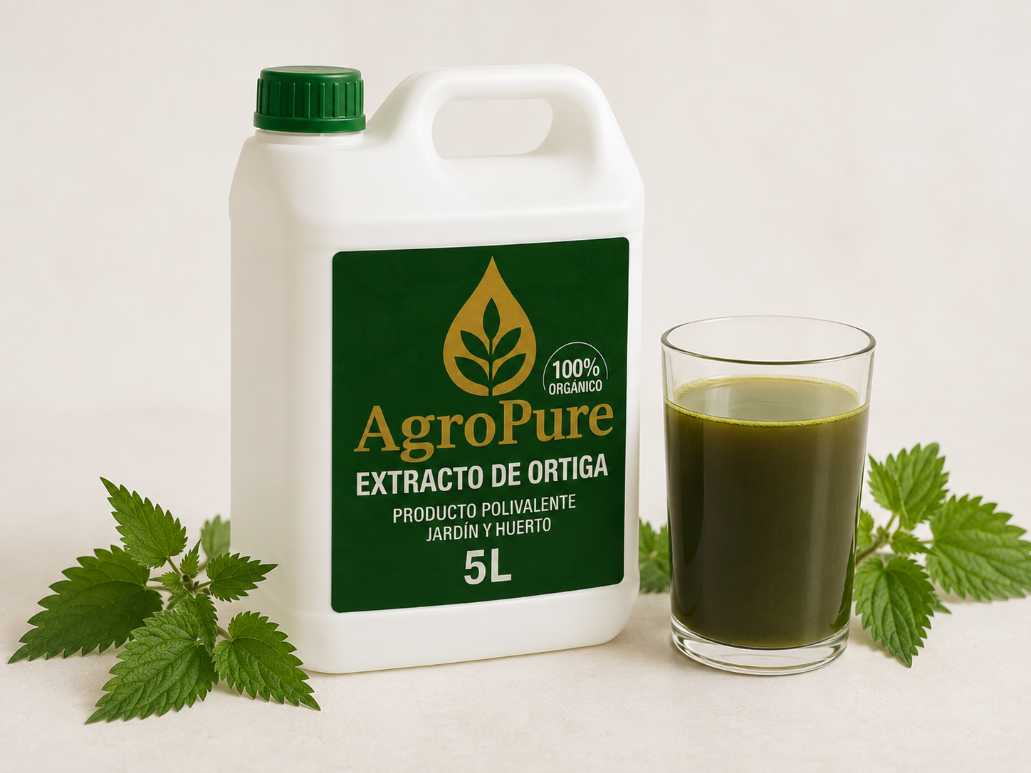 Bote de 5 litros de extracto concentrado de ortiga AgroPure — bioestimulante ecológico para huerto y jardín
