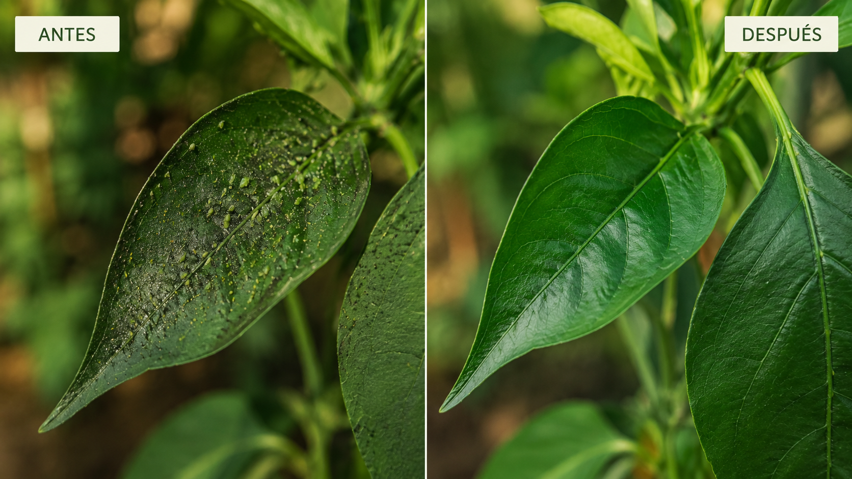 Antes y después de aplicar jabón potásico en hoja con melaza y negrilla de pulgón — resultado de la limpieza foliar