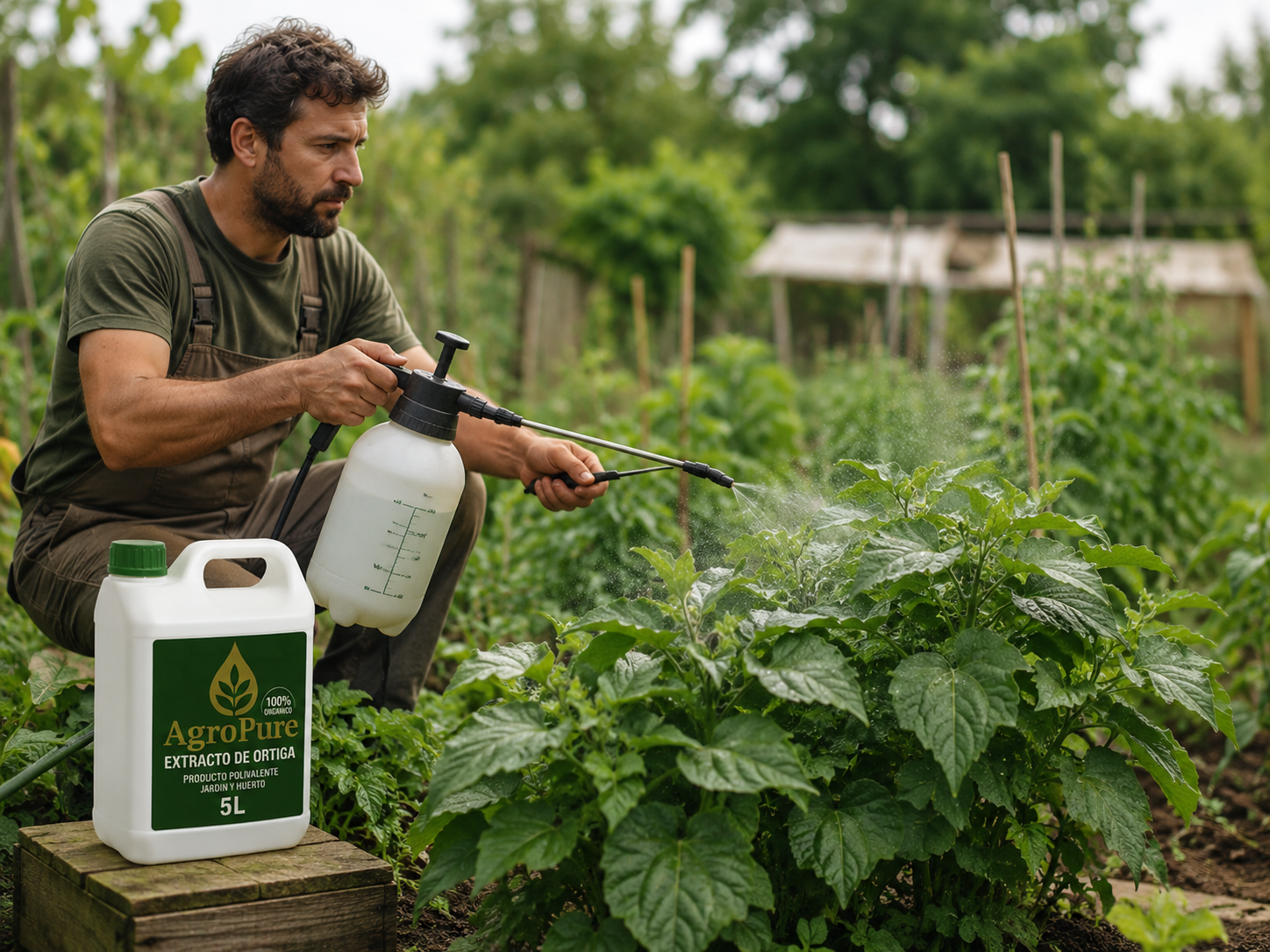 Aplicación de extracto de ortiga diluido en huerto ecológico — pulverización foliar sobre plantas hortícolas