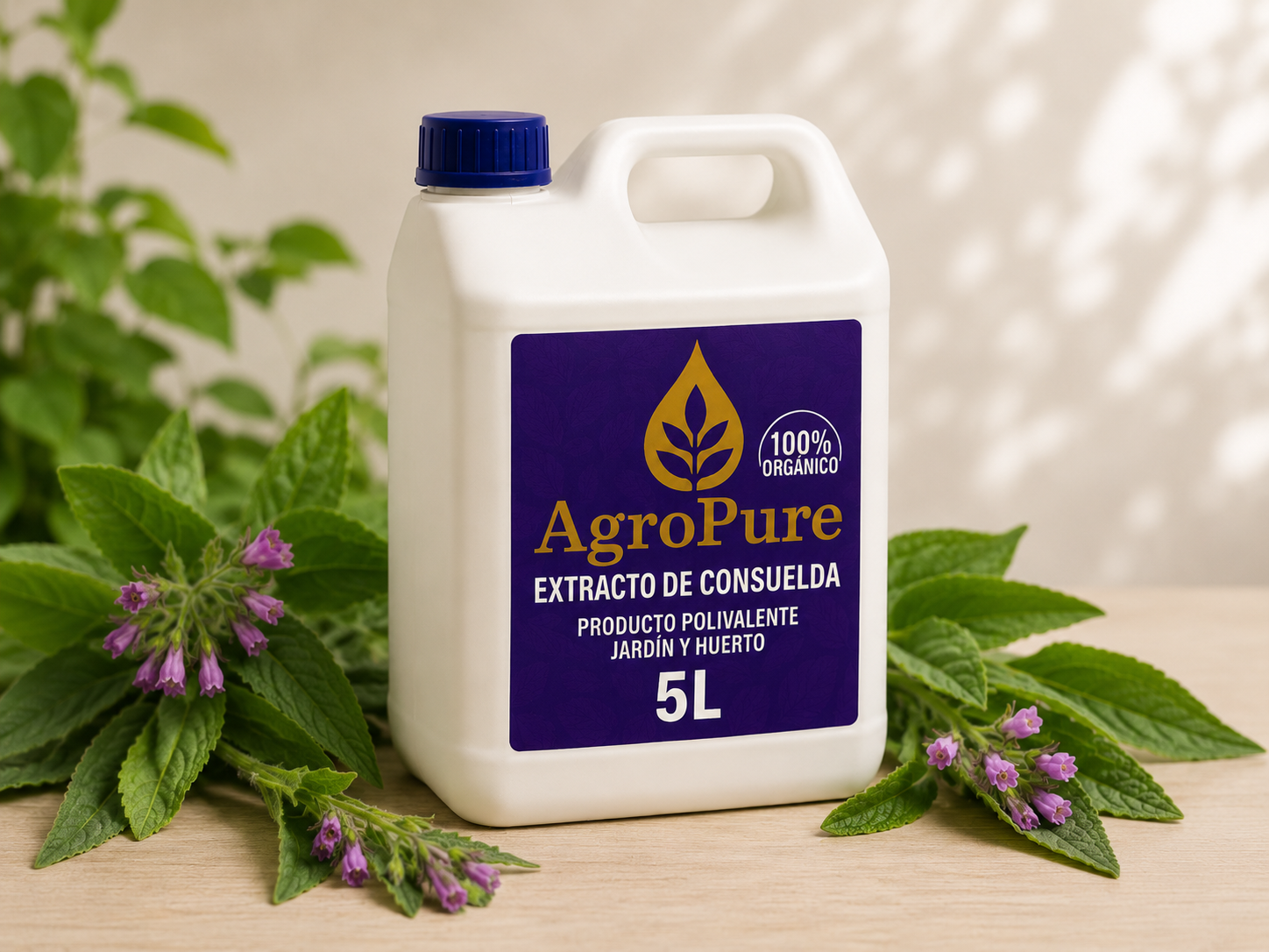 Garrafa de 5 litros de extracto concentrado de consuelda rusa AgroPure — preparado vegetal rico en potasio para huerto ecológico