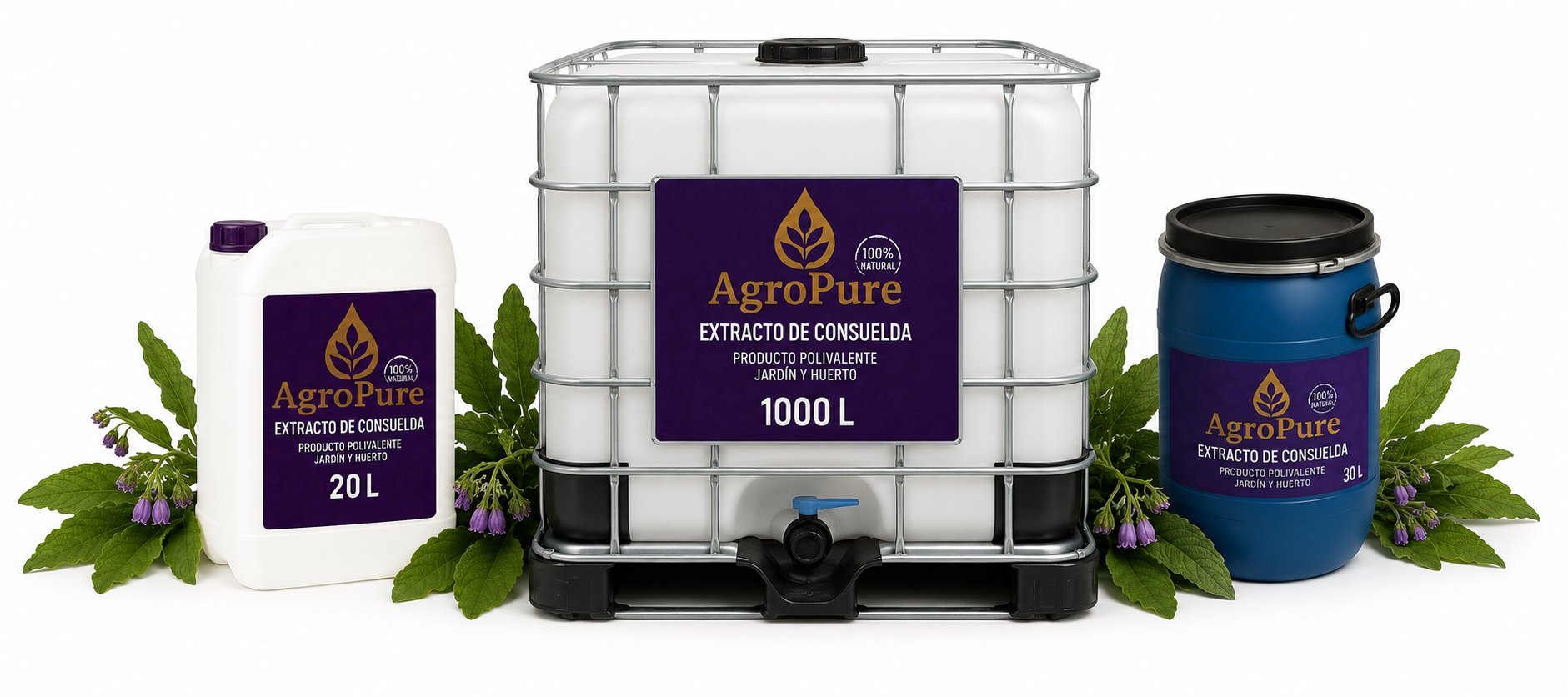 Extracto de Consuelda AgroPure — garrafa 20L, bidón 30L e IBC 1000L